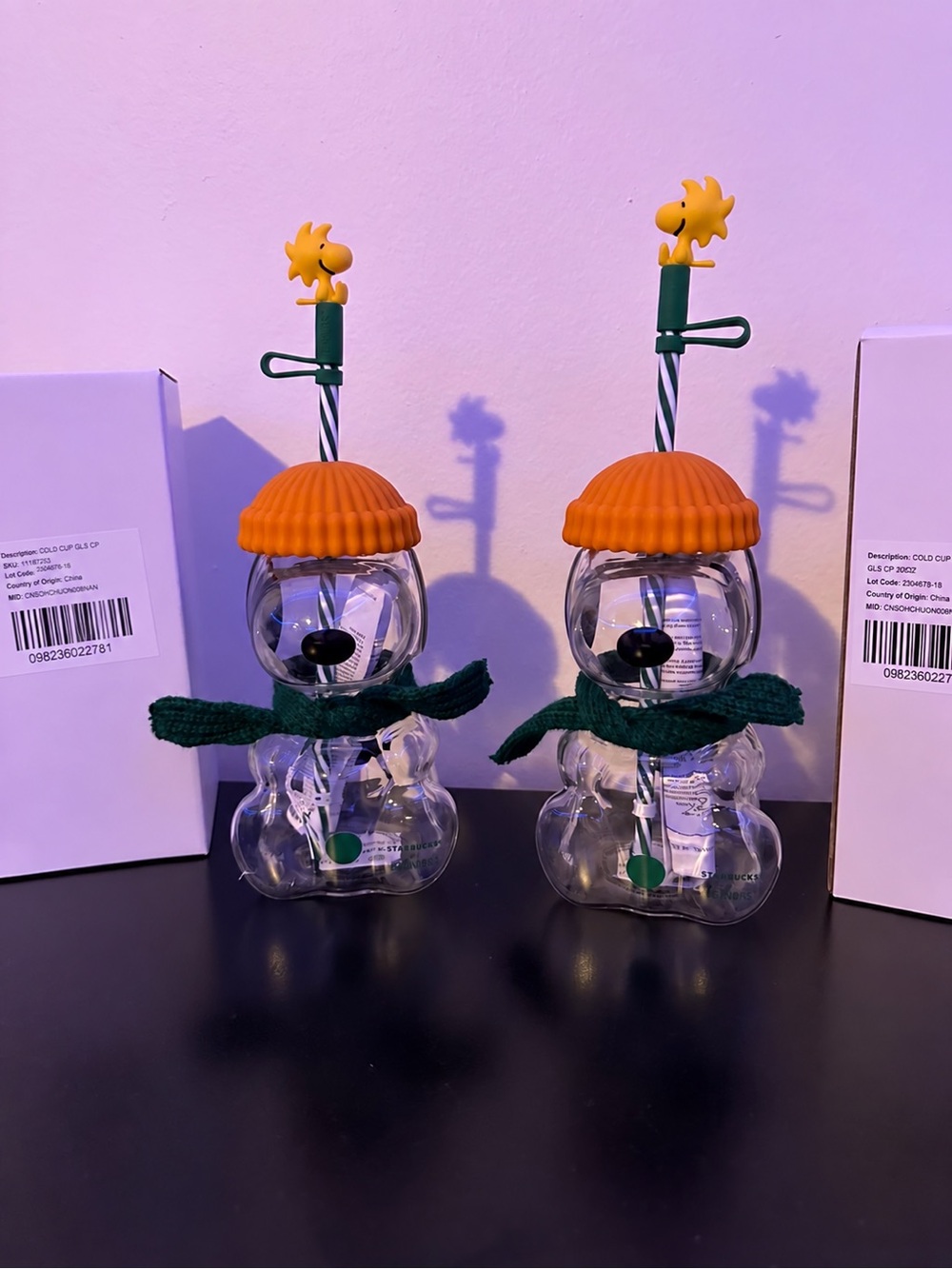 Starbucks Peanuts Snoopy Glass Cold Cups 20oz Woodstock Toppers Set of 2
